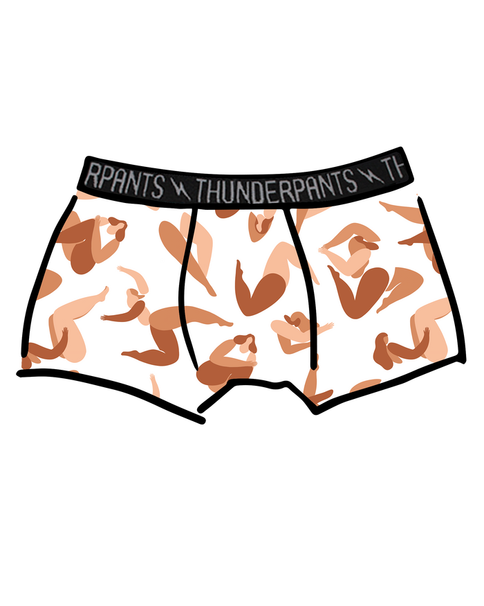 Drawing of Thunderpants Boxer Brief style underwear in Bodies in Motion - women dancing in various neutral colors.