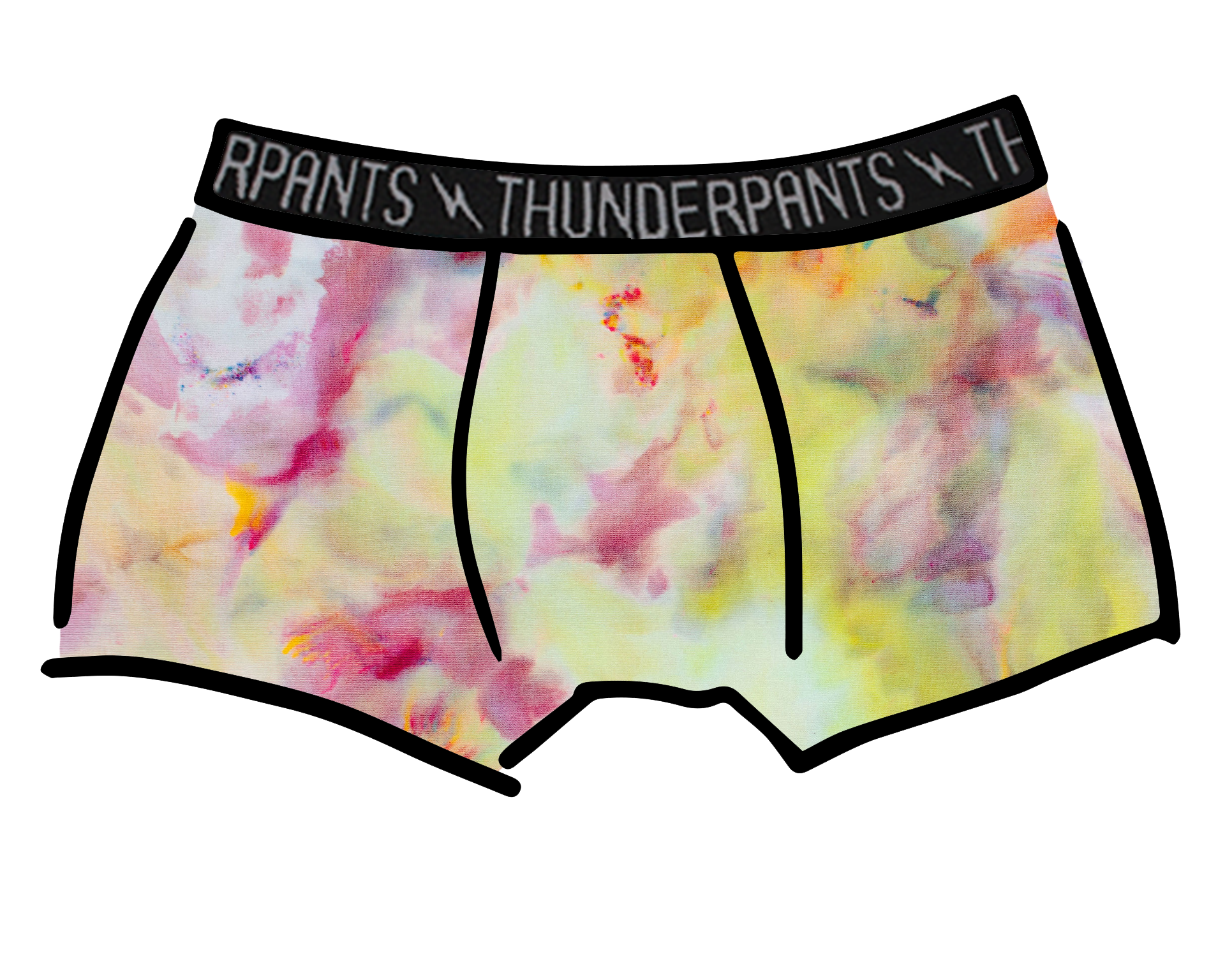 Drawing of Thunderpants Boxer Brief style underwear in Citrus Blossom Dye - hand dyed yellow, pink, and purple.