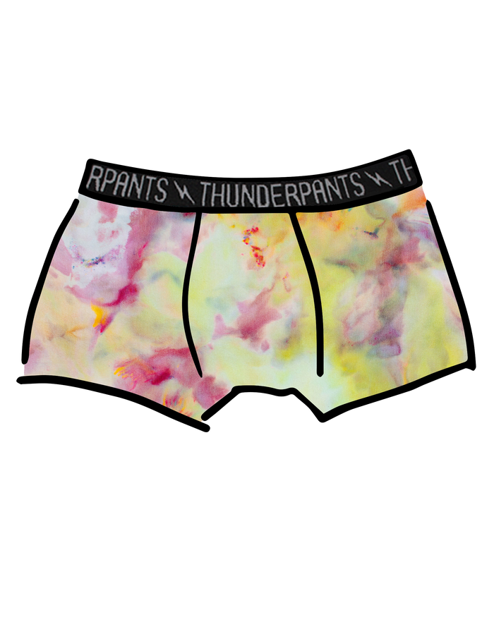 Drawing of Thunderpants Boxer Brief style underwear in Citrus Blossom Dye - hand dyed yellow, pink, and purple.