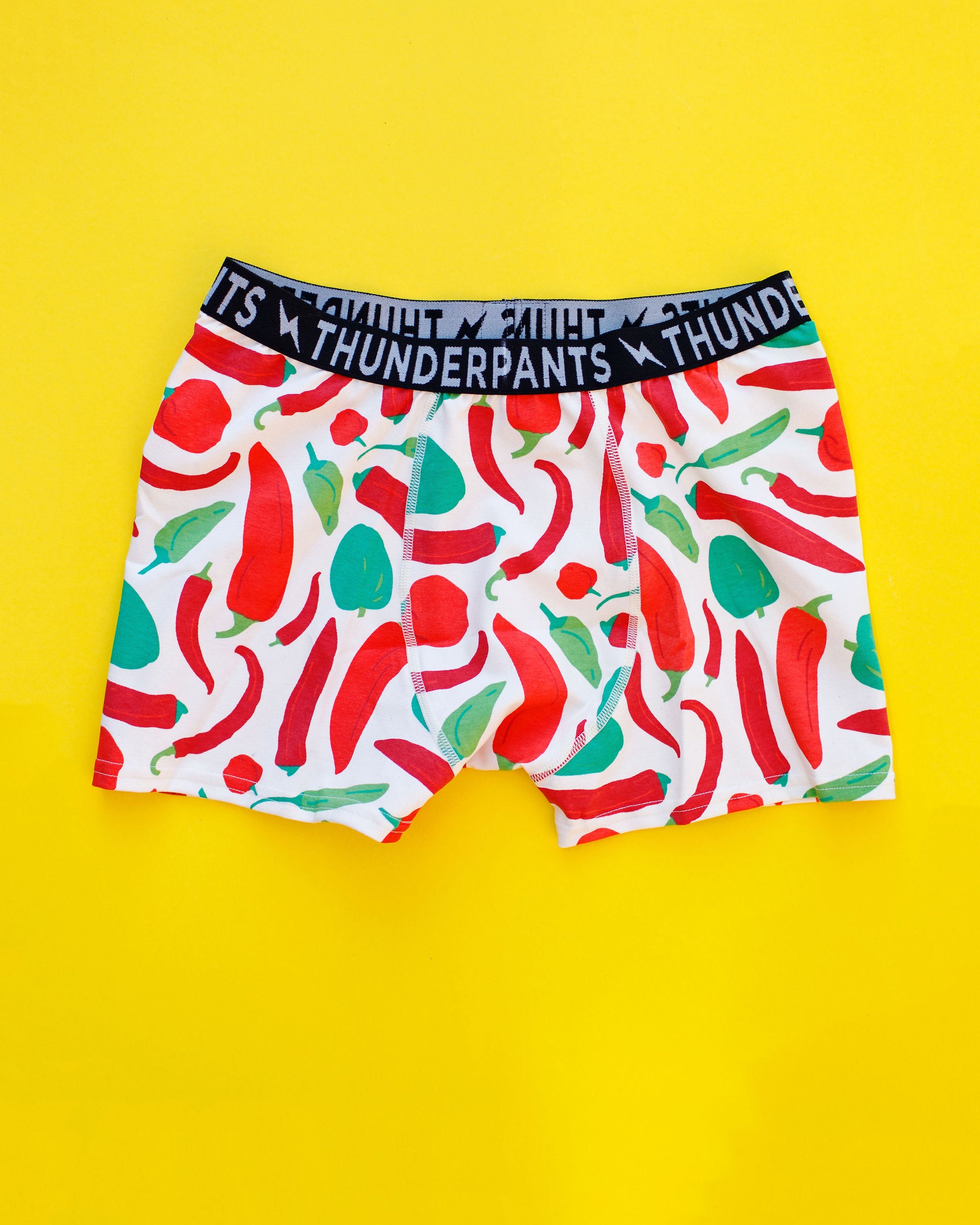 Flat lay of Thunderpants Boxer Brief style underwear in Hot Pants - peppers.