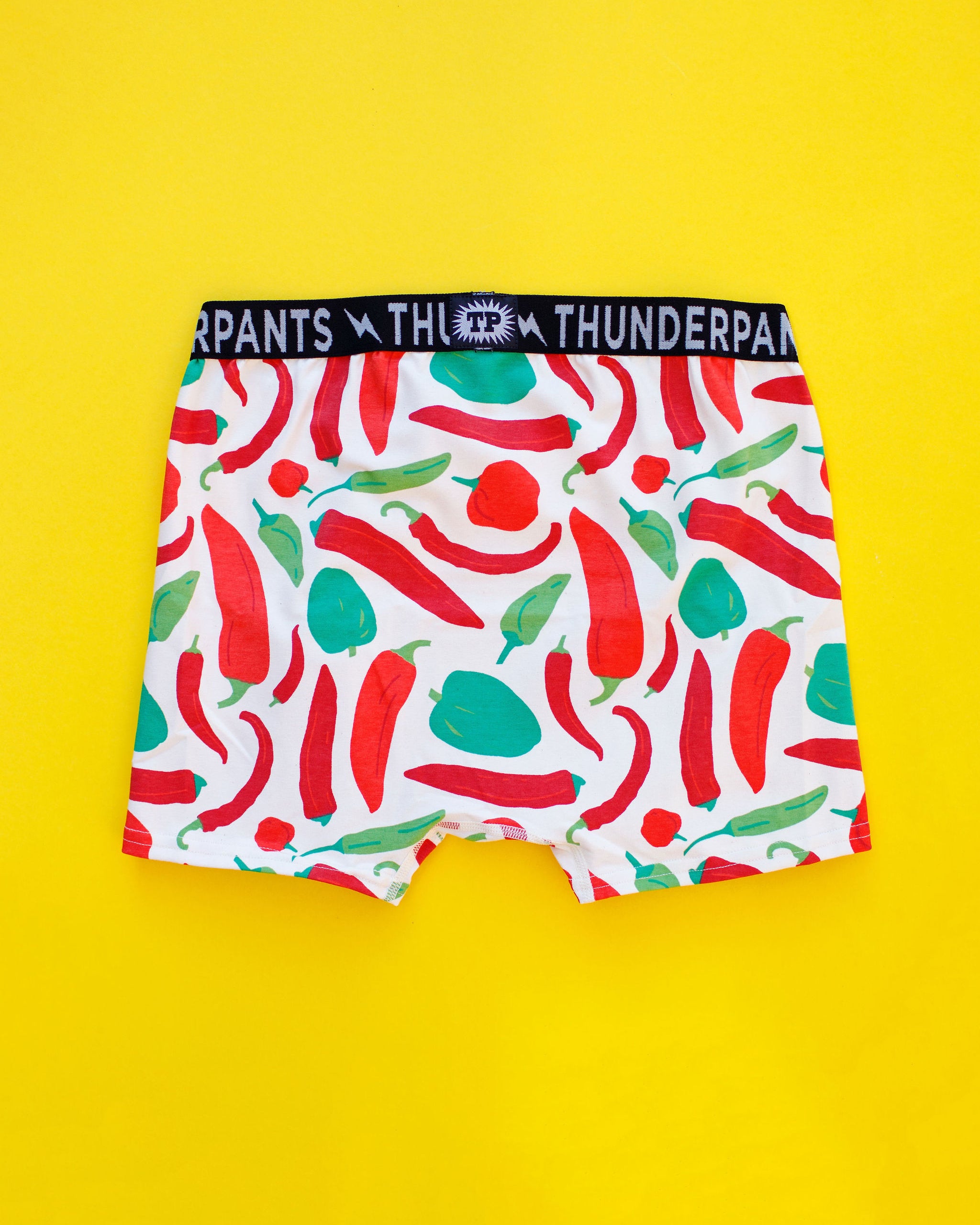 Flat lay of Thunderpants Boxer Brief style underwear in Hot Pants - peppers.