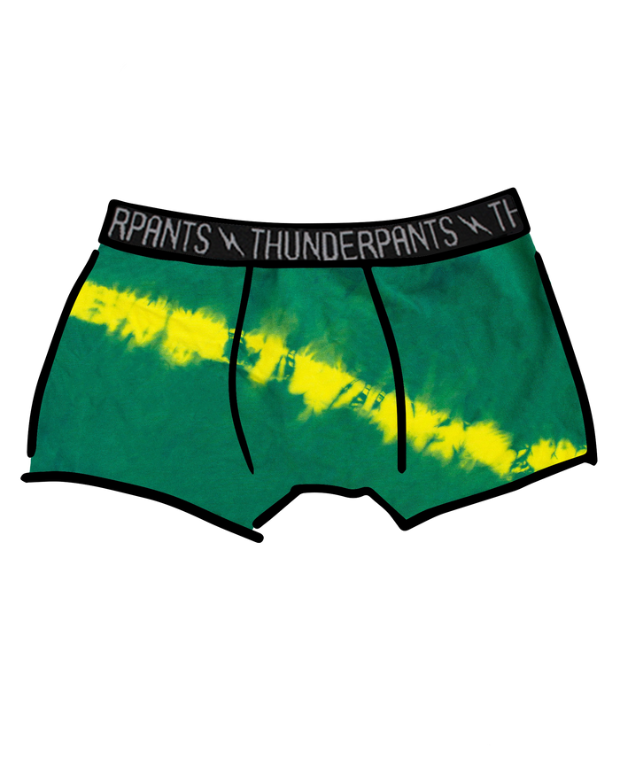 Drawing of Thunderpants Boxer Brief style underwear in Lightning Bolt hand dye - green/blue with yellow stripe.