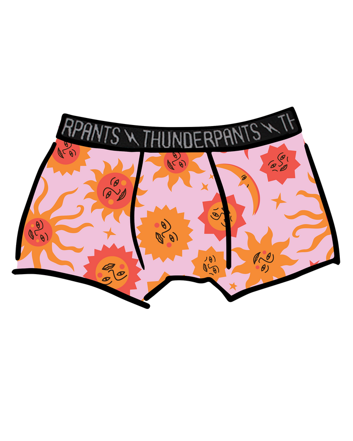Drawing of Thunderpants Boxer Brief style underwear in Luna y Sol print - pink, yellow, and orange suns and moons.
