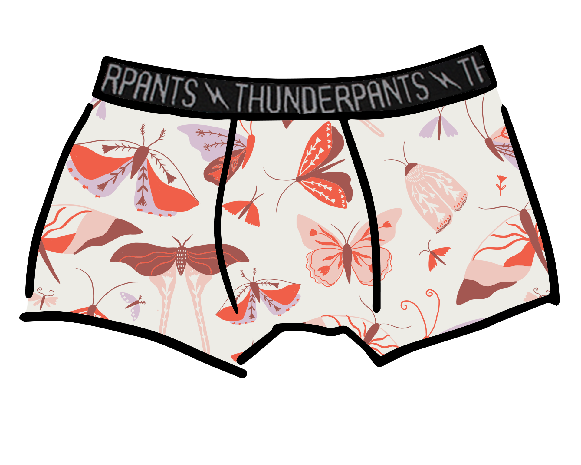 Drawing of Thunderpants Boxer Brief style underwear in Field Day: a moth print in red, orange, pink, and purple.
