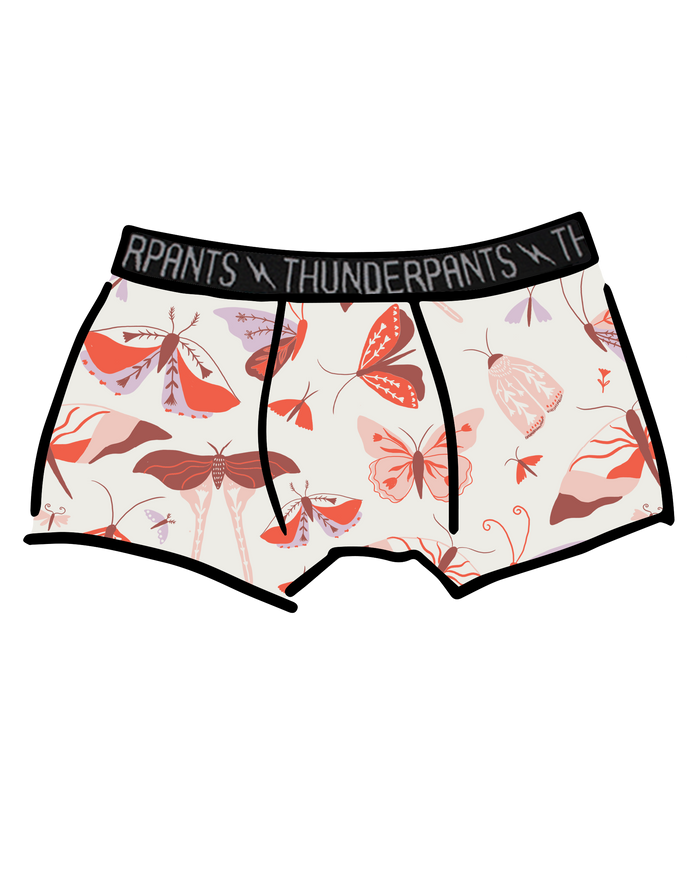 Drawing of Thunderpants Boxer Brief style underwear in Field Day: a moth print in red, orange, pink, and purple.