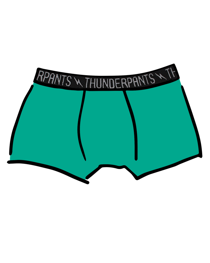 Drawing of Thunderpants Boxer Brief style underwear in Peacock Green.