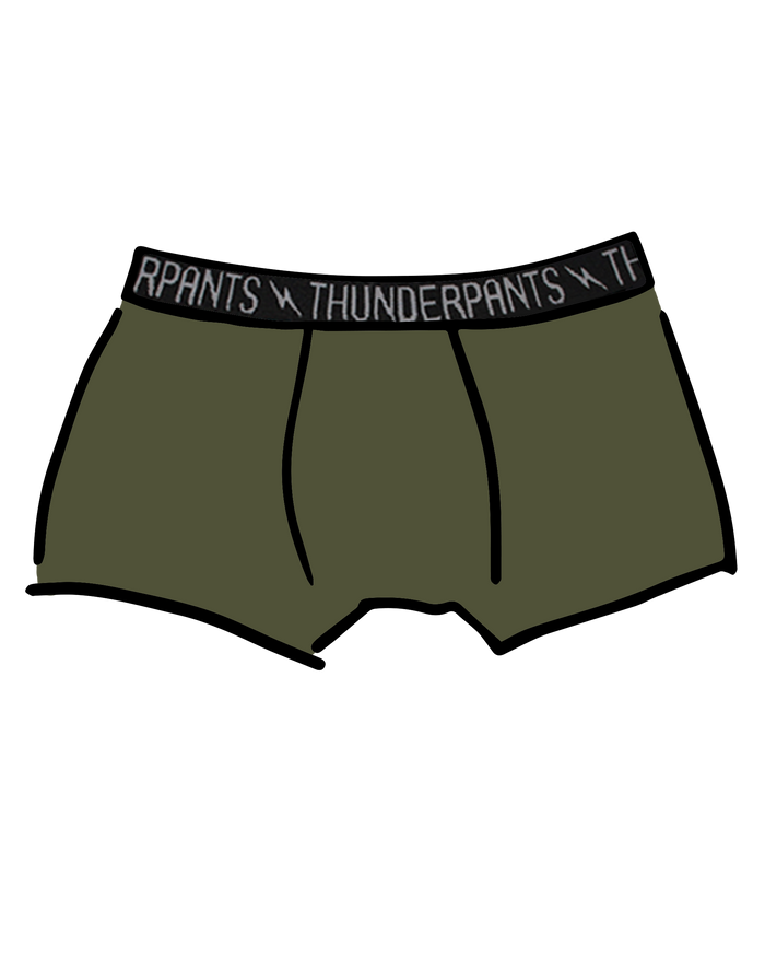 Drawing of Thunderpants Boxer Brief style underwear in Pickled Green.