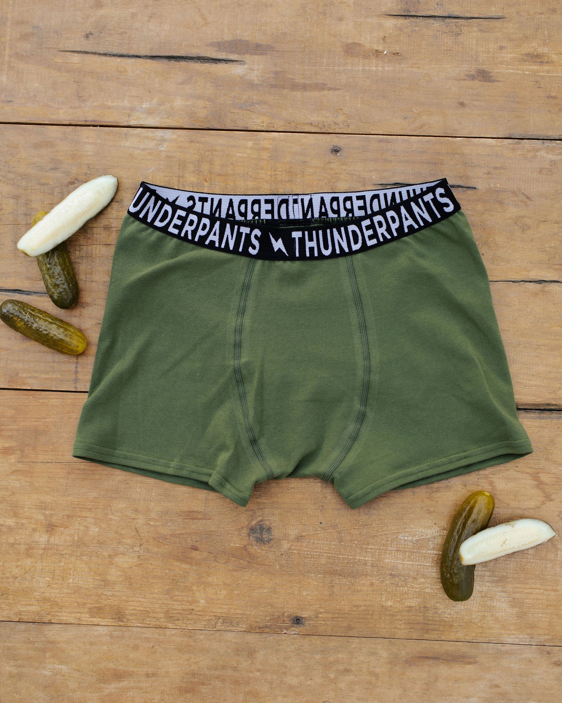 Flat lay of Thunderpants Boxer Brief style underwear in Pickled Green.