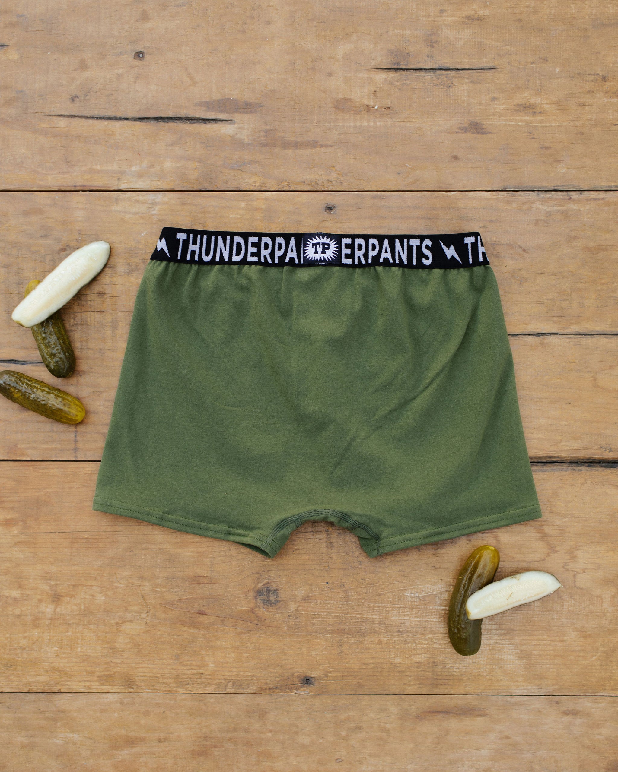 Flat lay of Thunderpants Boxer Brief style underwear in Pickled Green.