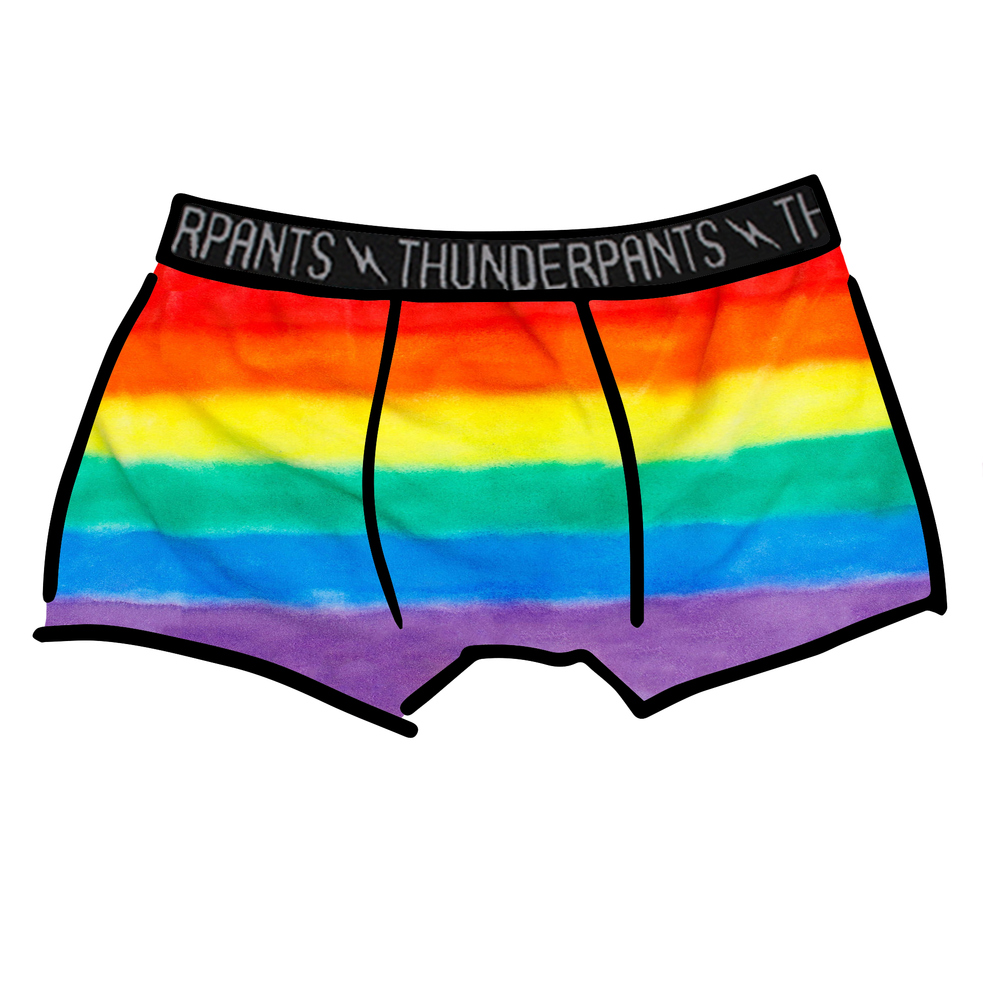 Drawing of Thunderpants Boxer Brief style underwear in rainbow dye with emerald green binding.
