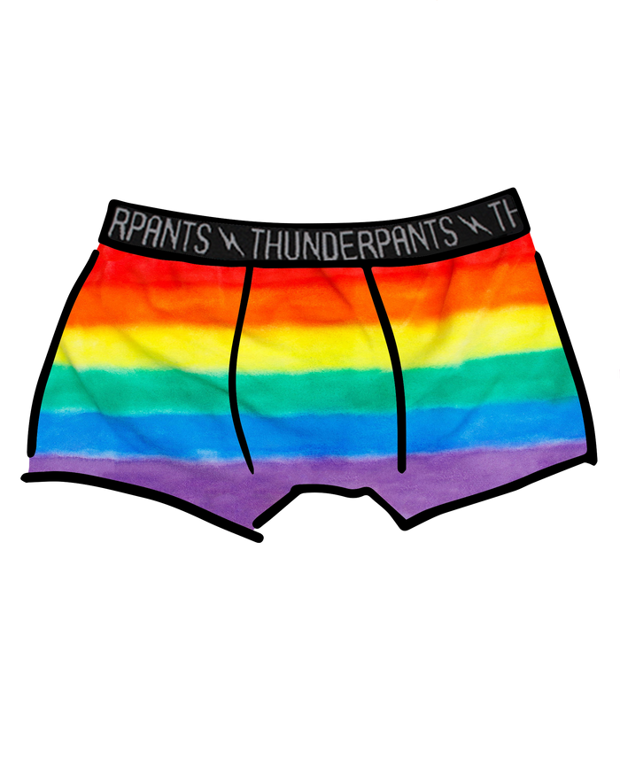 Drawing of Thunderpants Boxer Brief style underwear in rainbow dye with emerald green binding.