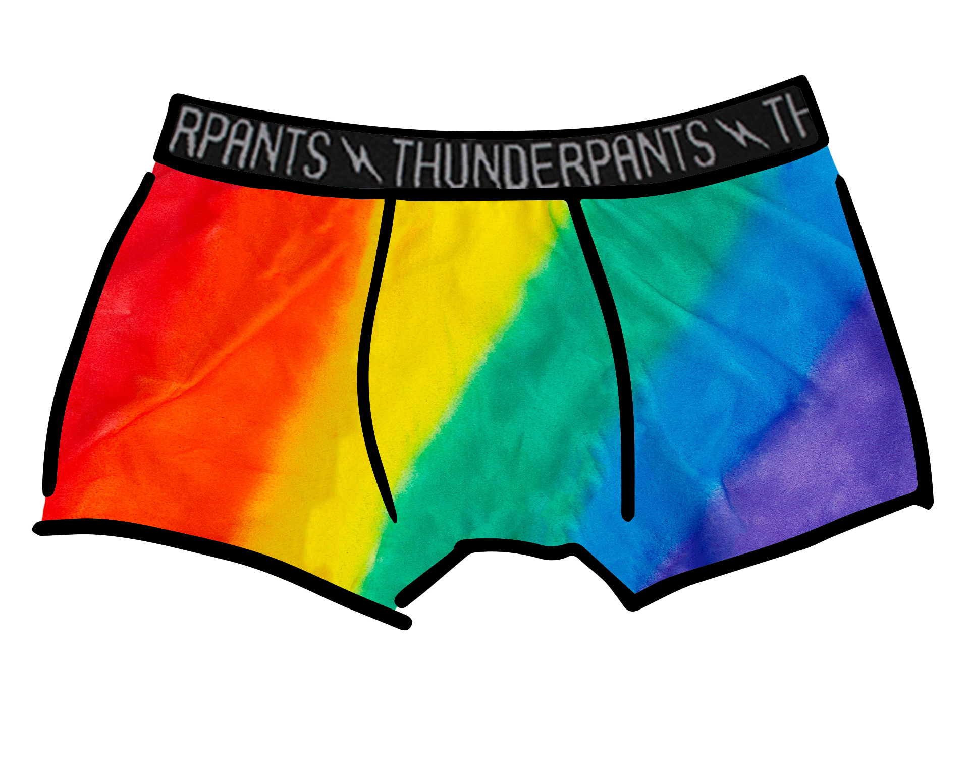Drawing of Thunderpants organic cotton Boxer Brief style underwear in hand painted rainbow stripes for Pride.