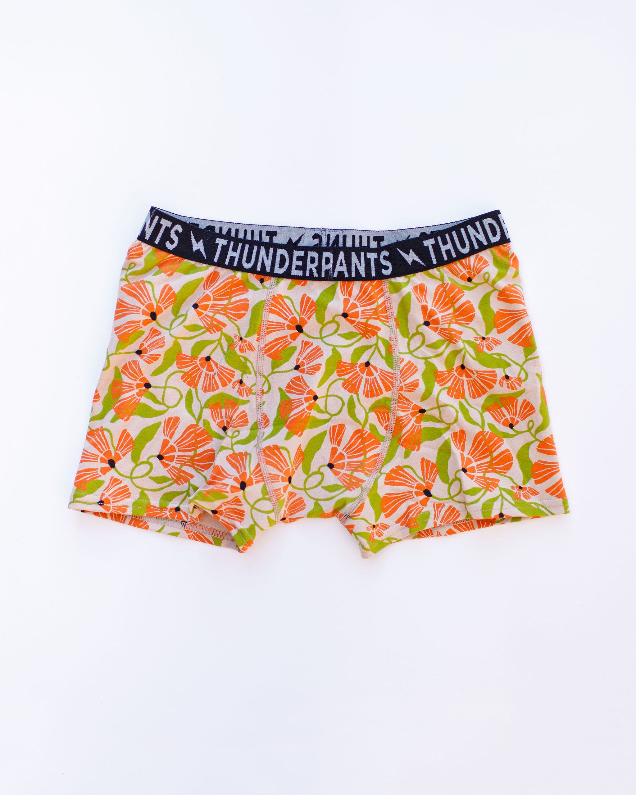 Flat lay of Thunderpants Boxer Brief style underwear in Secret Garden - florals.