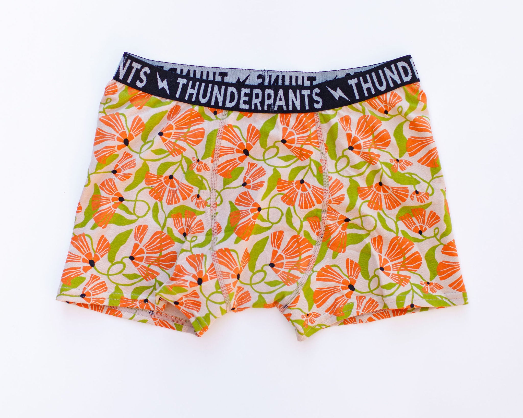 Flat lay of Thunderpants Boxer Brief style underwear in Secret Garden - florals.