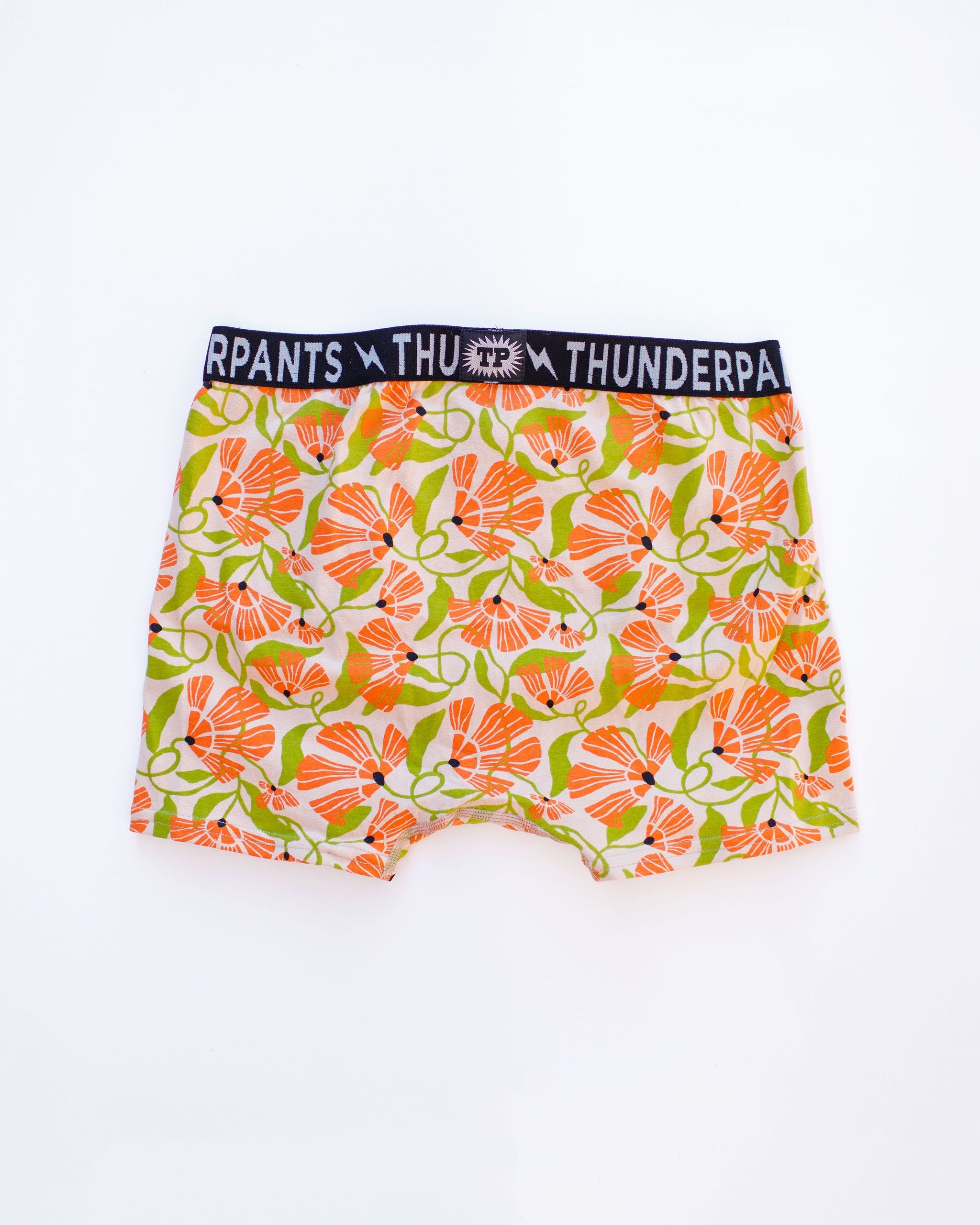 Flat lay of Thunderpants Boxer Brief style underwear in Secret Garden - florals.