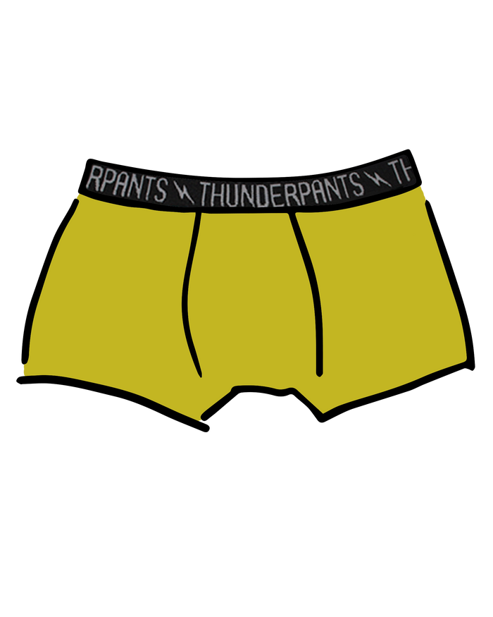 Drawing of Thunderpants Boxer Brief style underwear in Star Fruit color - a chartreuse yellow.