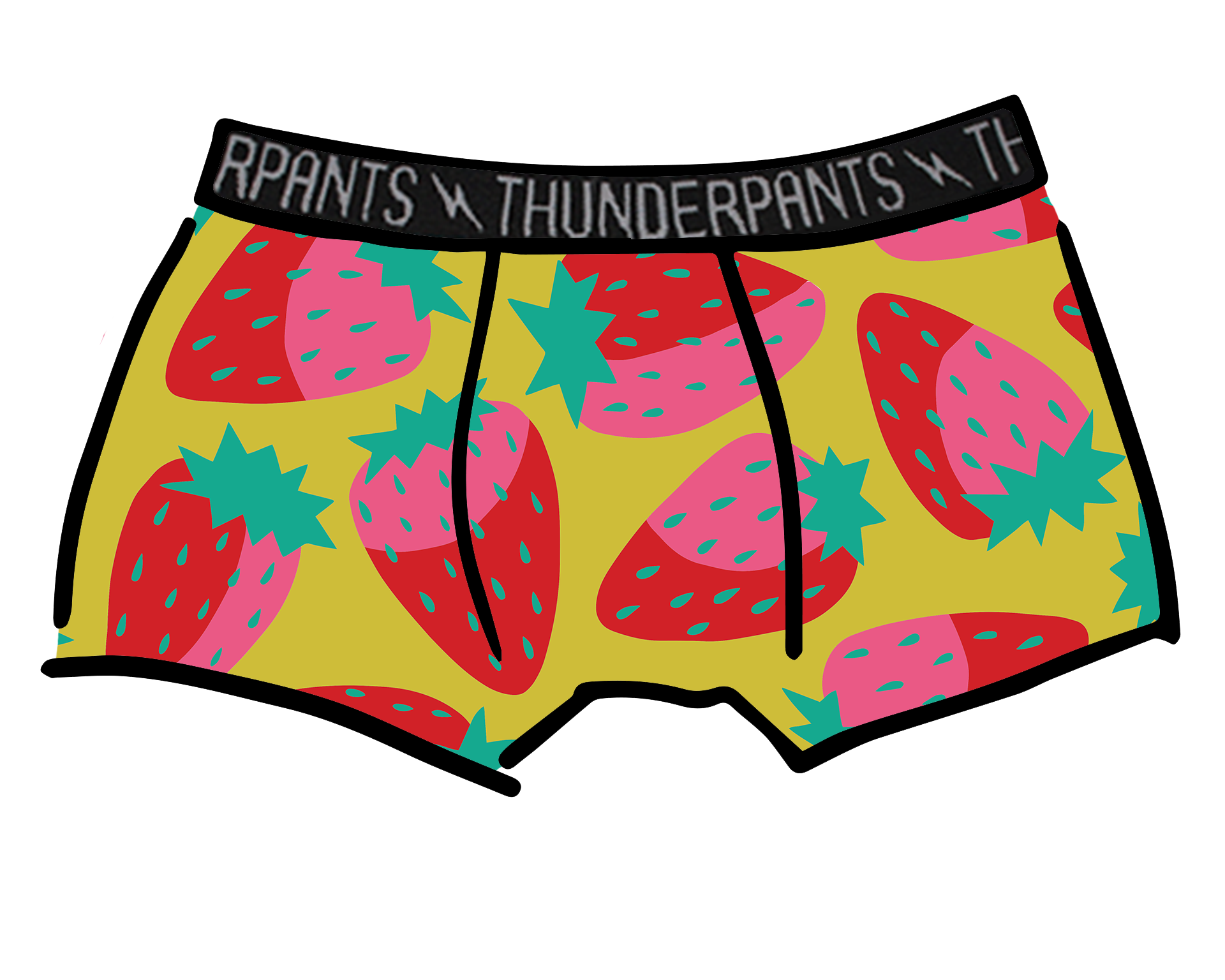 Drawing of Thunderpants Boxer Brief in a Strawberry print - pink, red, and peacock green on chartreuse. 