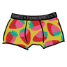 Drawing of Thunderpants Boxer Brief in a Strawberry print - pink, red, and peacock green on chartreuse. 