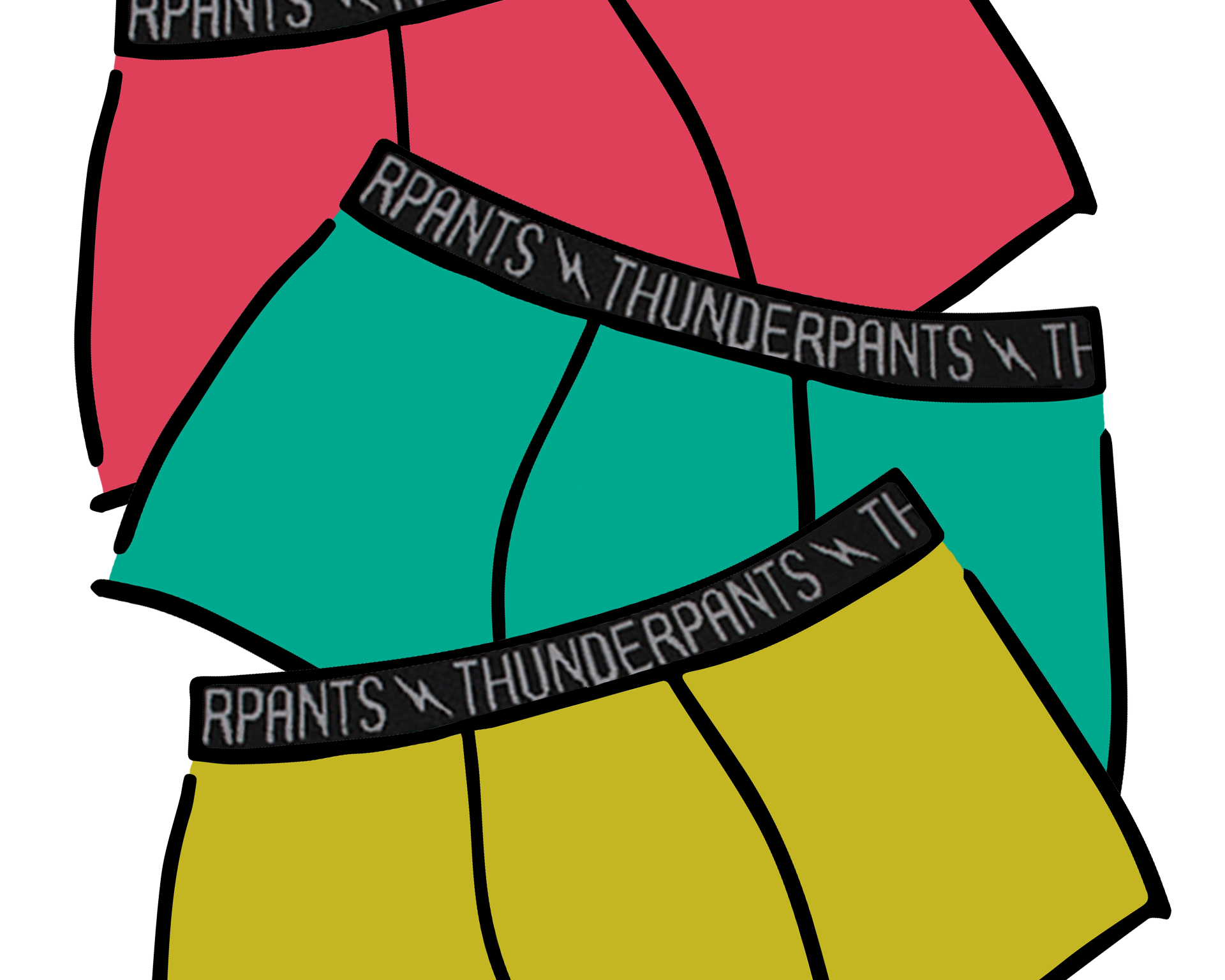 Drawing of three Thunderpants Boxer Briefs in Pomegranate Punch, Peacock Green, and Star Fruit - the Summer Solids Three Pack.