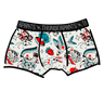 Drawing of Thunderpants Boxer Brief style underwear in Inked Up - a tattoo pattern with black, red, and blue. 