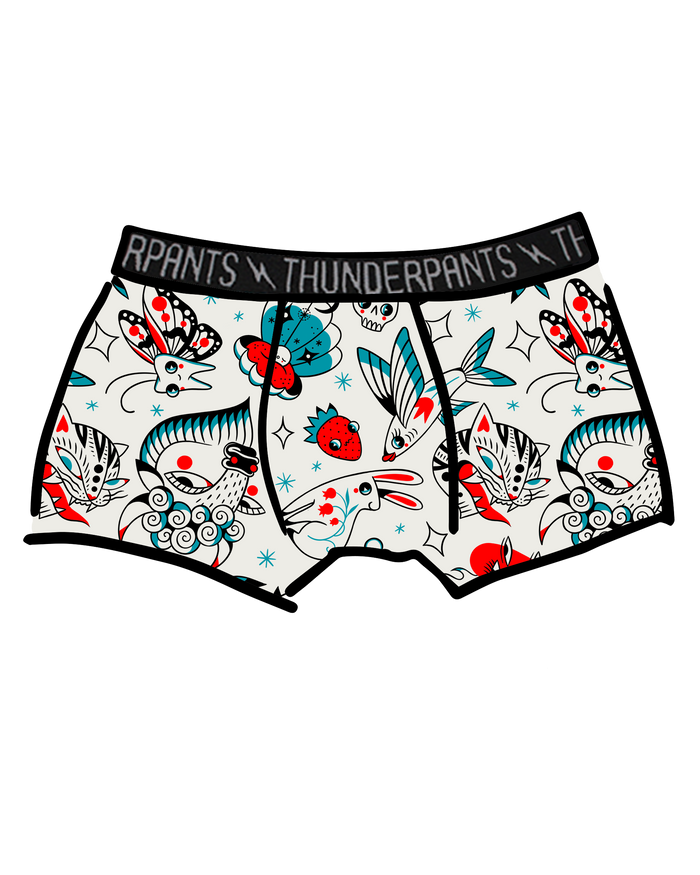 Drawing of Thunderpants Boxer Brief style underwear in Inked Up - a tattoo pattern with black, red, and blue. 