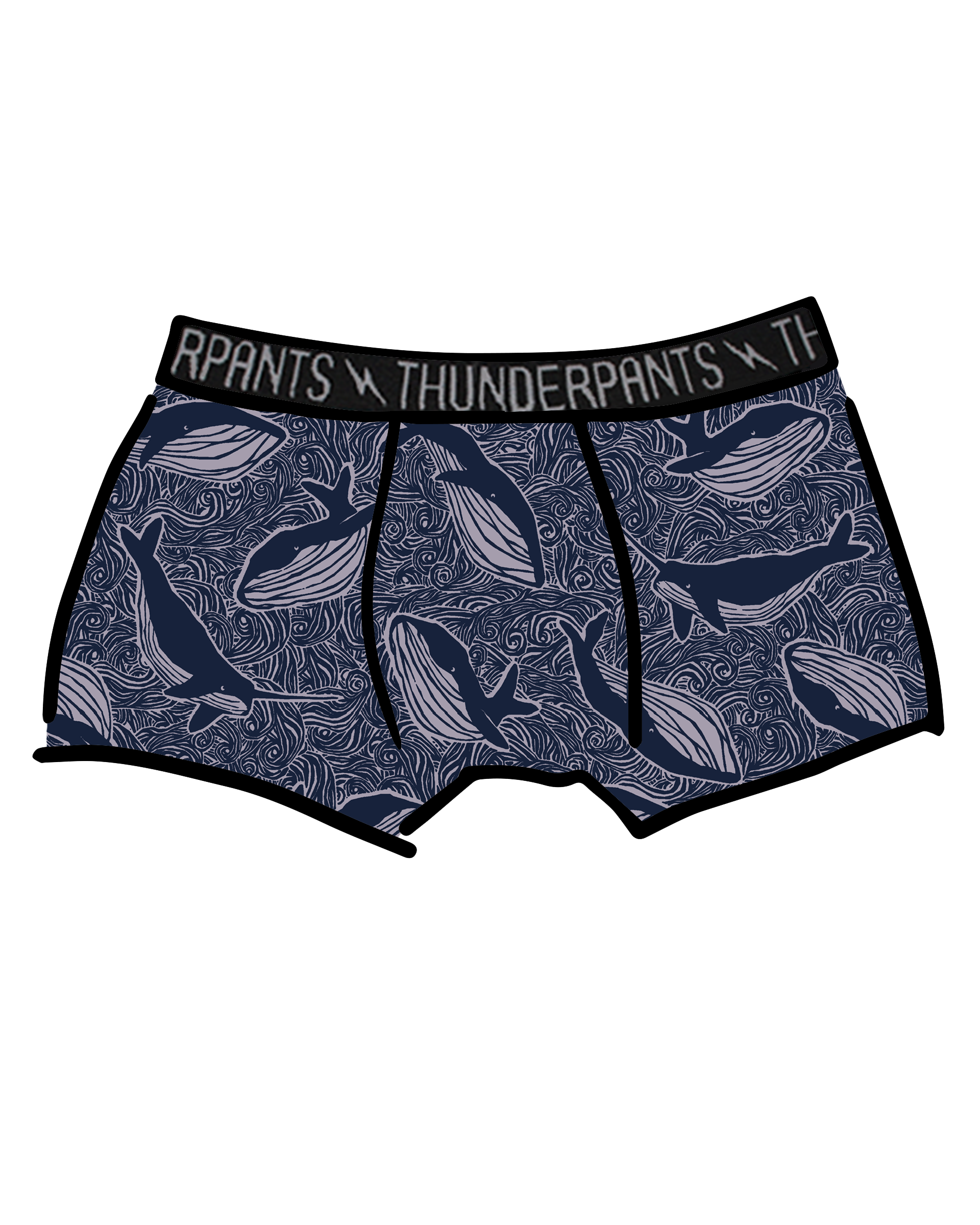 Drawing of Thunderpants Boxer Brief style underwear in Whale, Whale, Whale print - indigo whales on lavender.