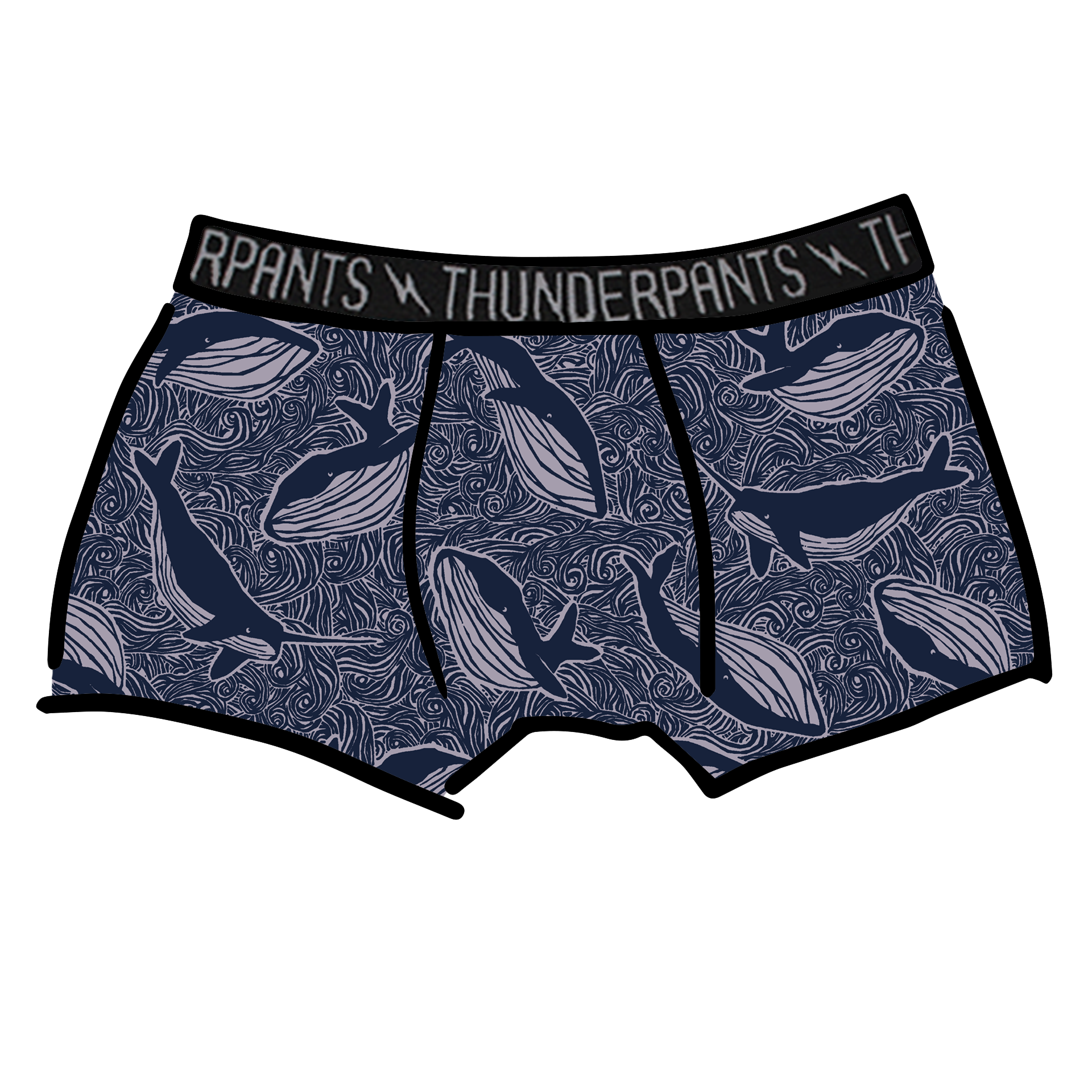 Drawing of Thunderpants Boxer Brief style underwear in Whale, Whale, Whale print - indigo whales on lavender.