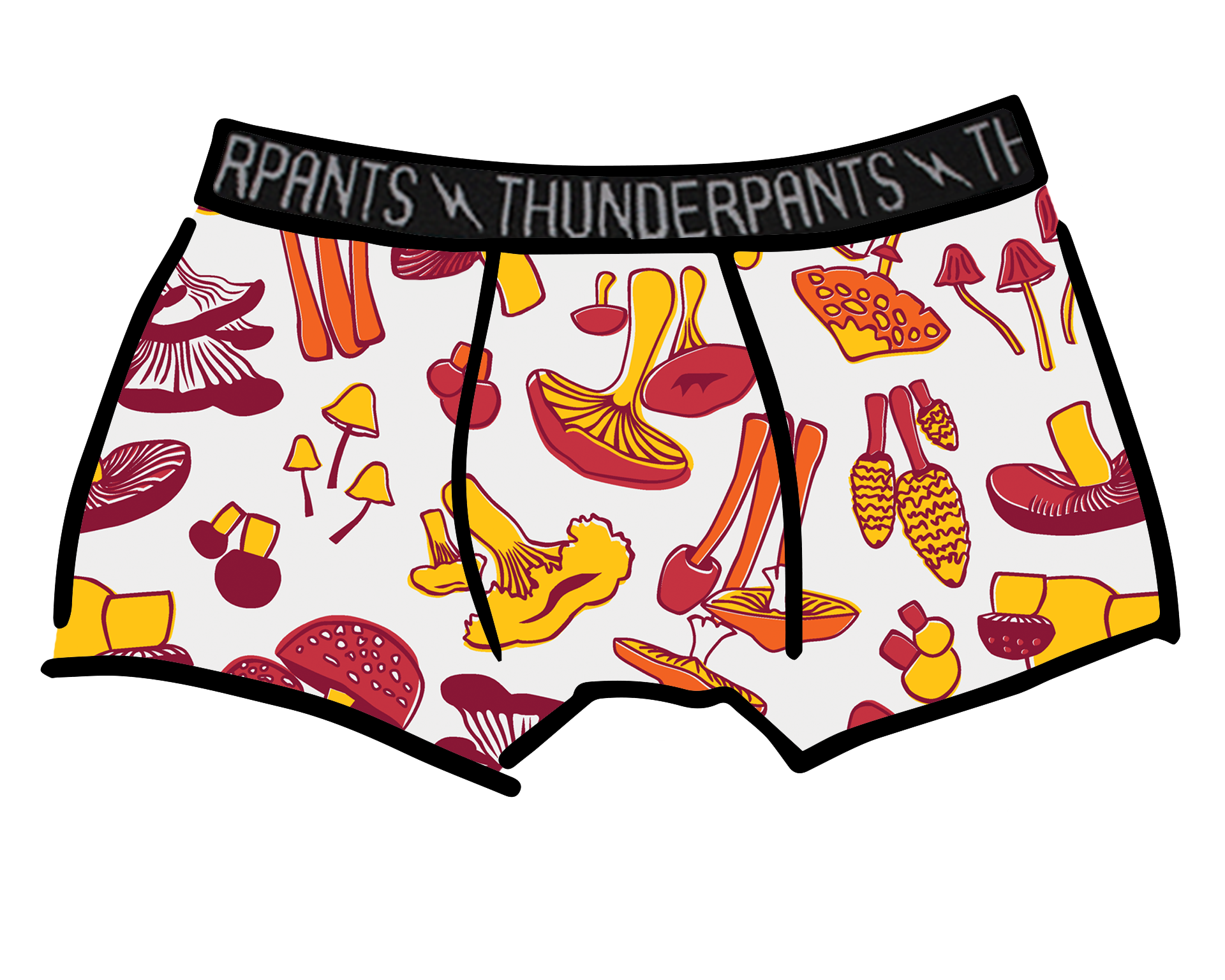 Drawing of Thunderpants Boxer Brief style underwear in Whadda Fungi - red, yellow, and orange mushroom print.