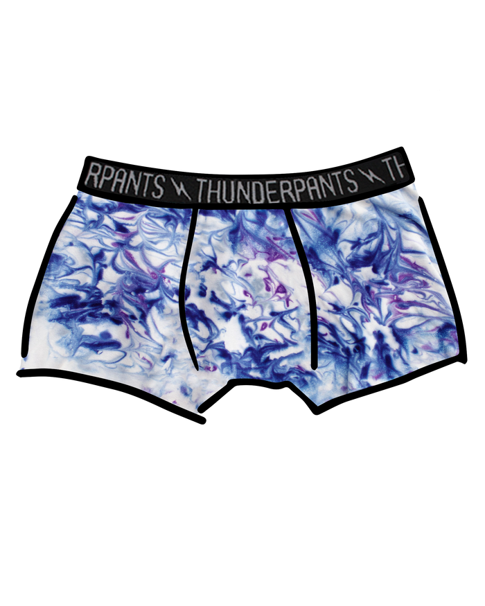 Drawing of Thunderpants Boxer Brief style underwear in Winter Blues Marble dye - different blues and purples swirled to look like marble. 