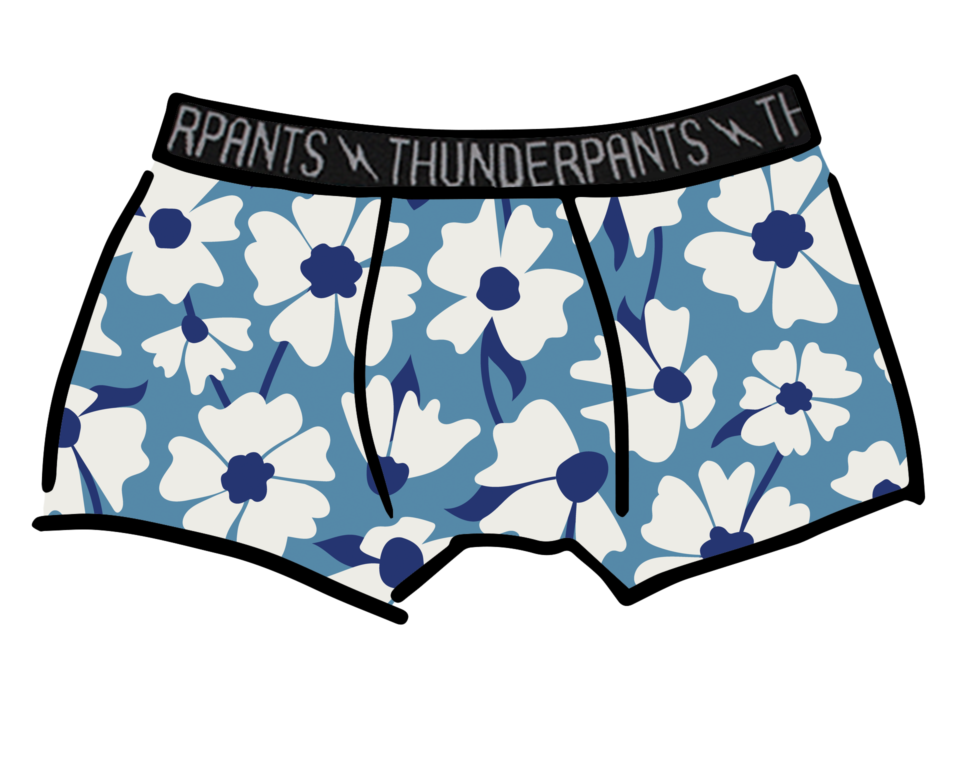 Drawing of Thunderpants Boxer Brief style underwear in Moody Blooms - white and blue flowers with blue background.