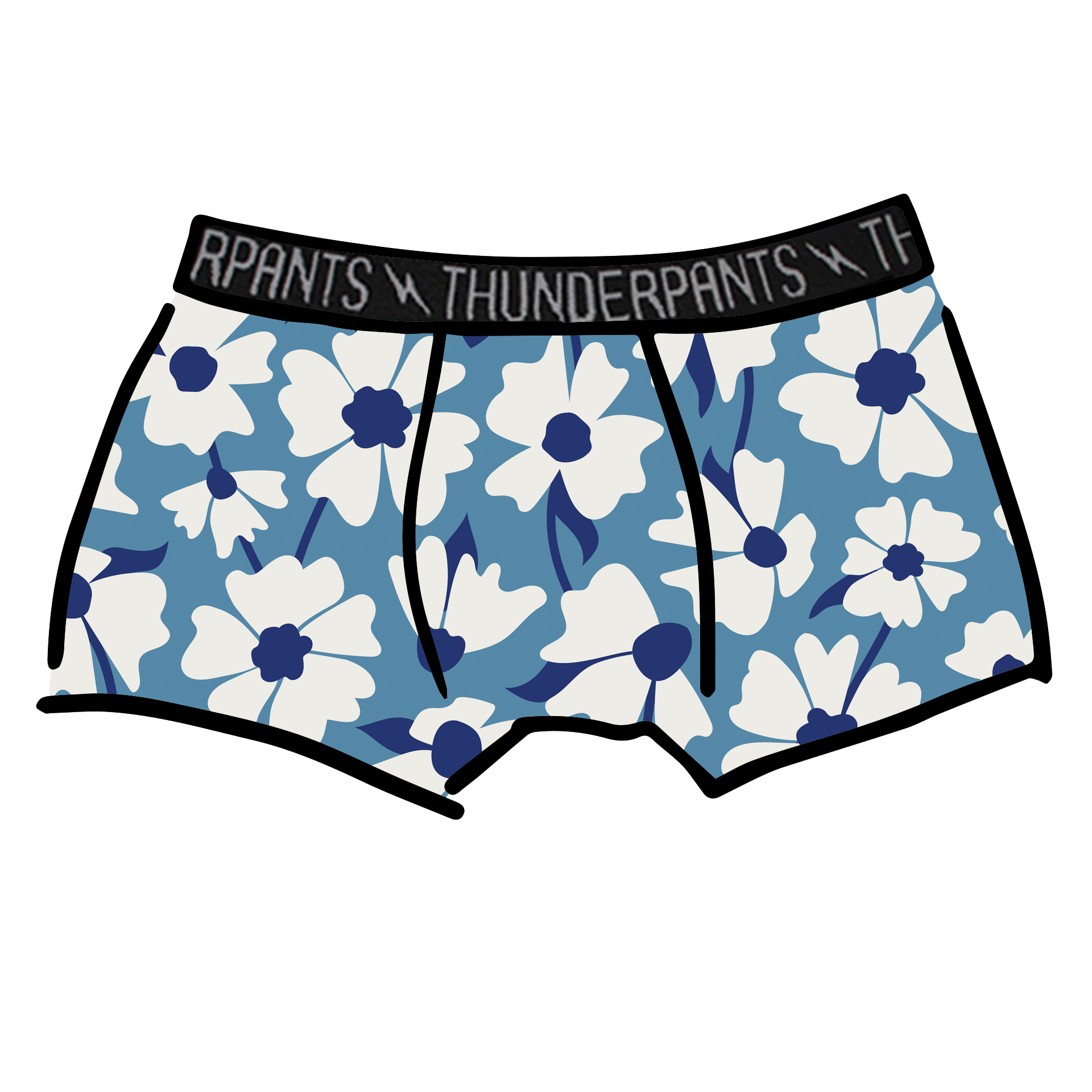 Drawing of Thunderpants Boxer Brief style underwear in Moody Blooms - white and blue flowers with blue background.