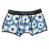 Drawing of Thunderpants Boxer Brief style underwear in Moody Blooms - white and blue flowers with blue background.