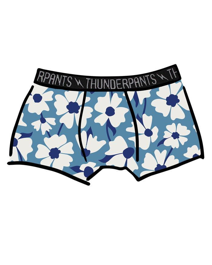 Drawing of Thunderpants Boxer Brief style underwear in Moody Blooms - white and blue flowers with blue background.