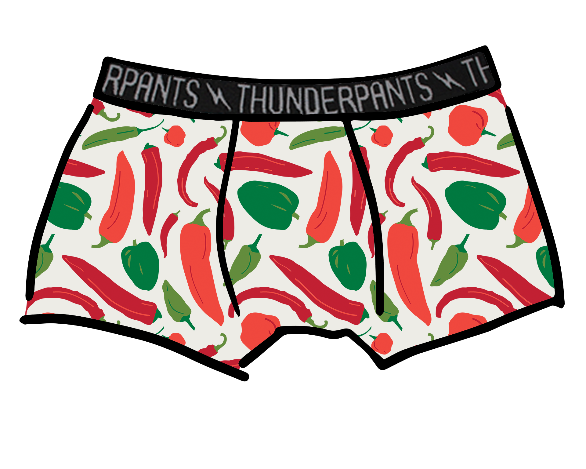 Drawing of Thunderpants Boxer Brief style underwear in Hot Pants print.