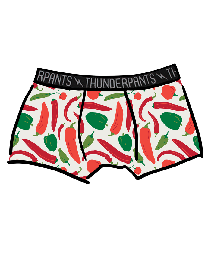 Drawing of Thunderpants Boxer Brief style underwear in Hot Pants print.