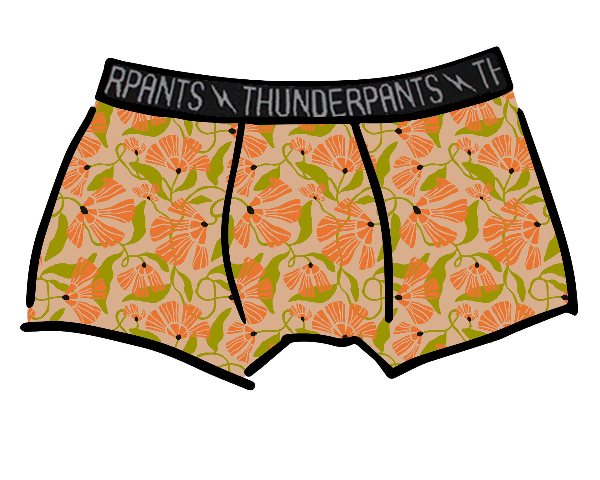 Drawing of Thunderpants Boxer Brief style underwear in Secret Garden print. 