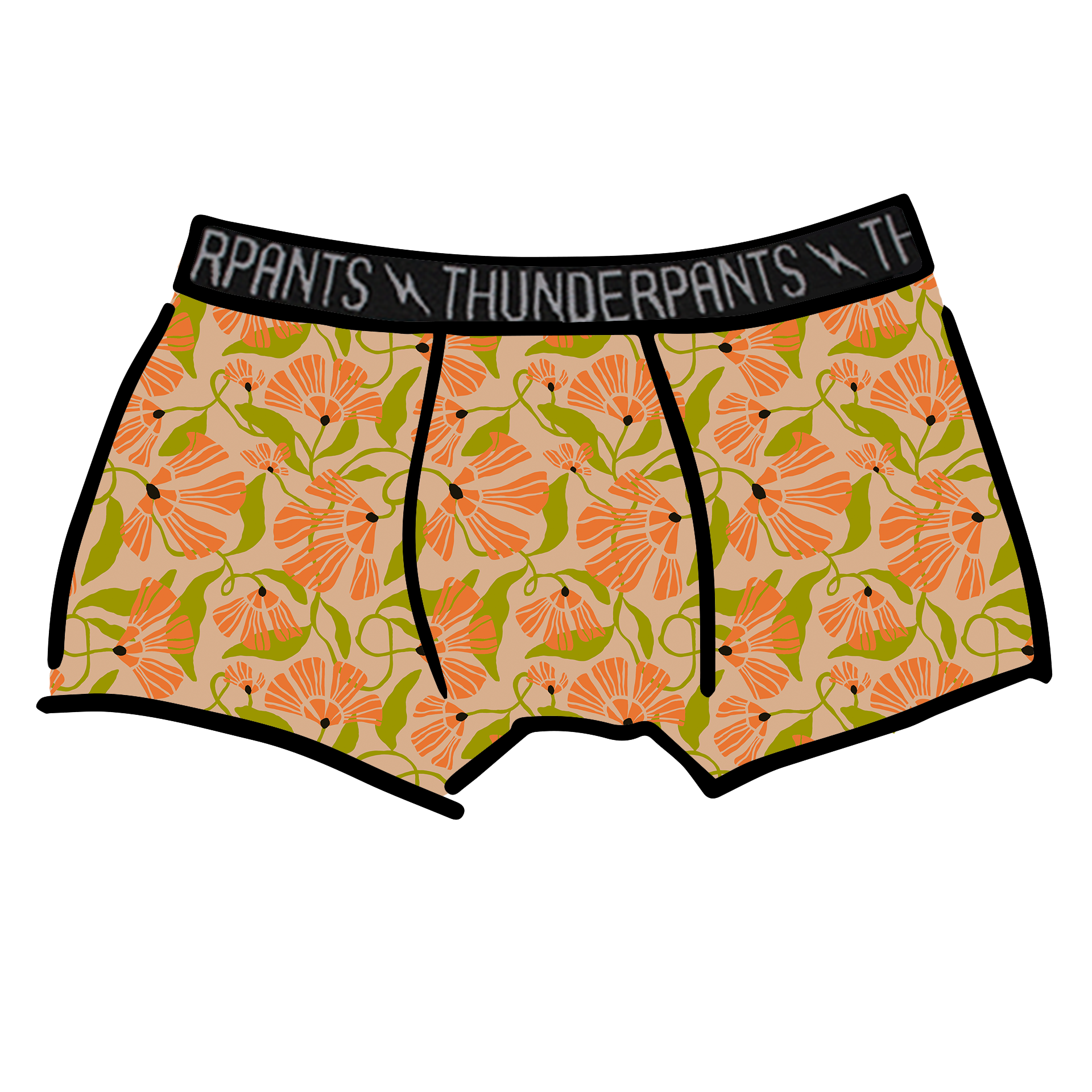 Drawing of Thunderpants Boxer Brief style underwear in Secret Garden print. 