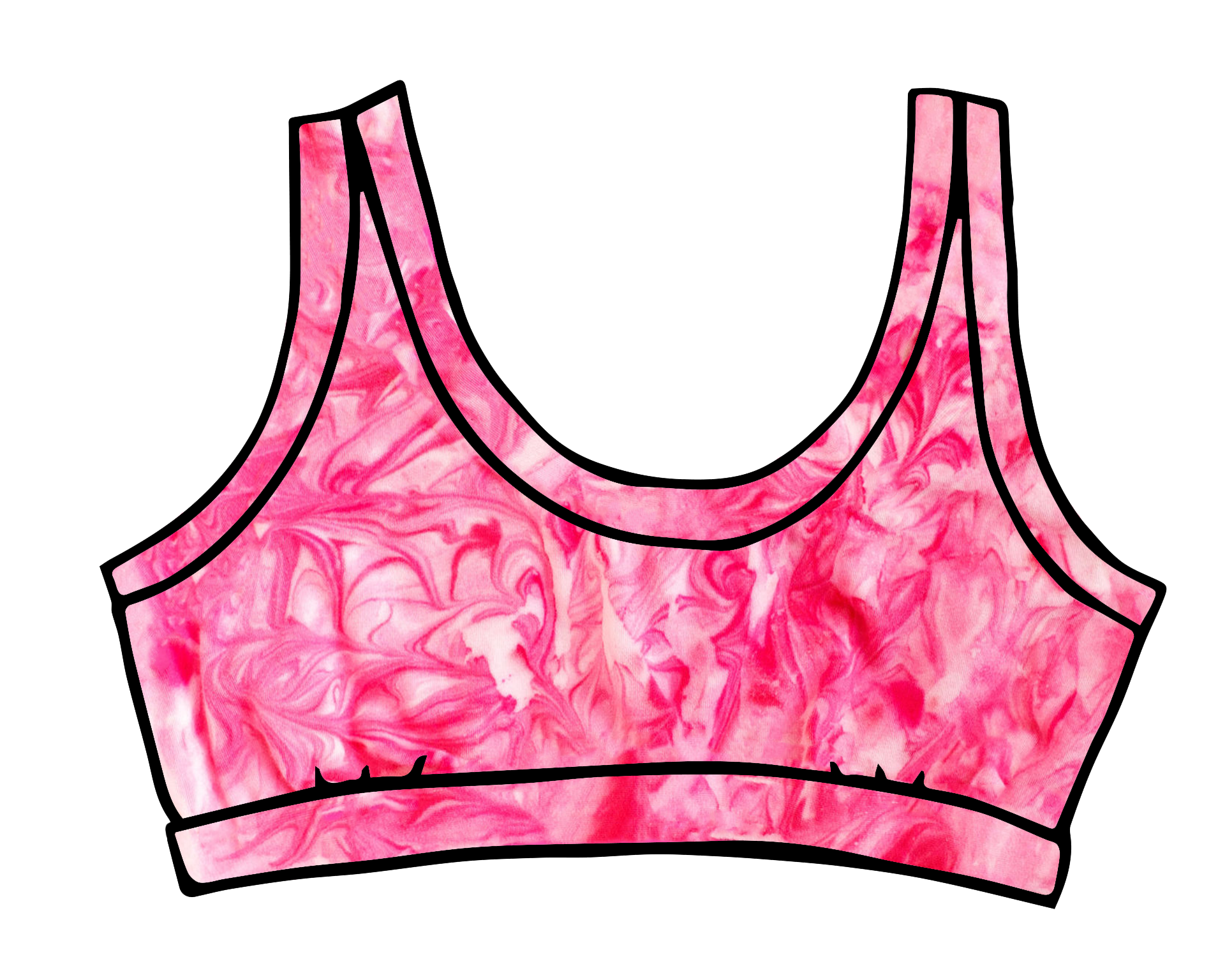 Drawing of Thunderpants Bralette in pink marble dye.