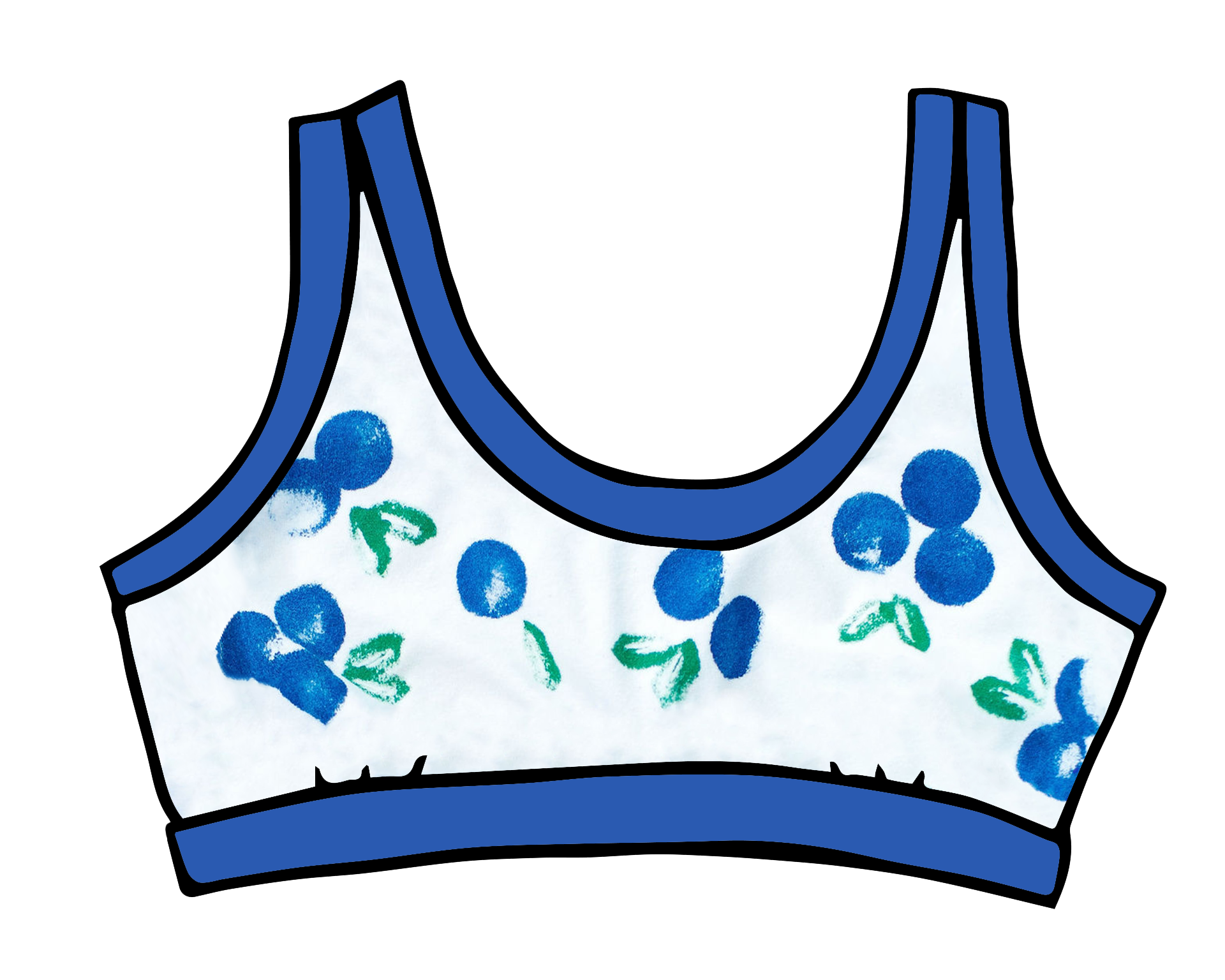 Drawing of Thunderpants Bralette with a blue and green Blueberry print and blue binding. 