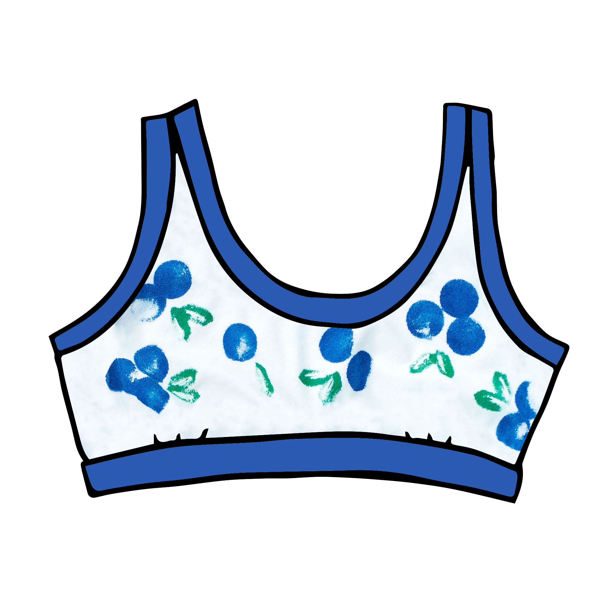 Drawing of Thunderpants Bralette with a blue and green Blueberry print and blue binding. 