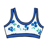 Drawing of Thunderpants Bralette with a blue and green Blueberry print and blue binding. 