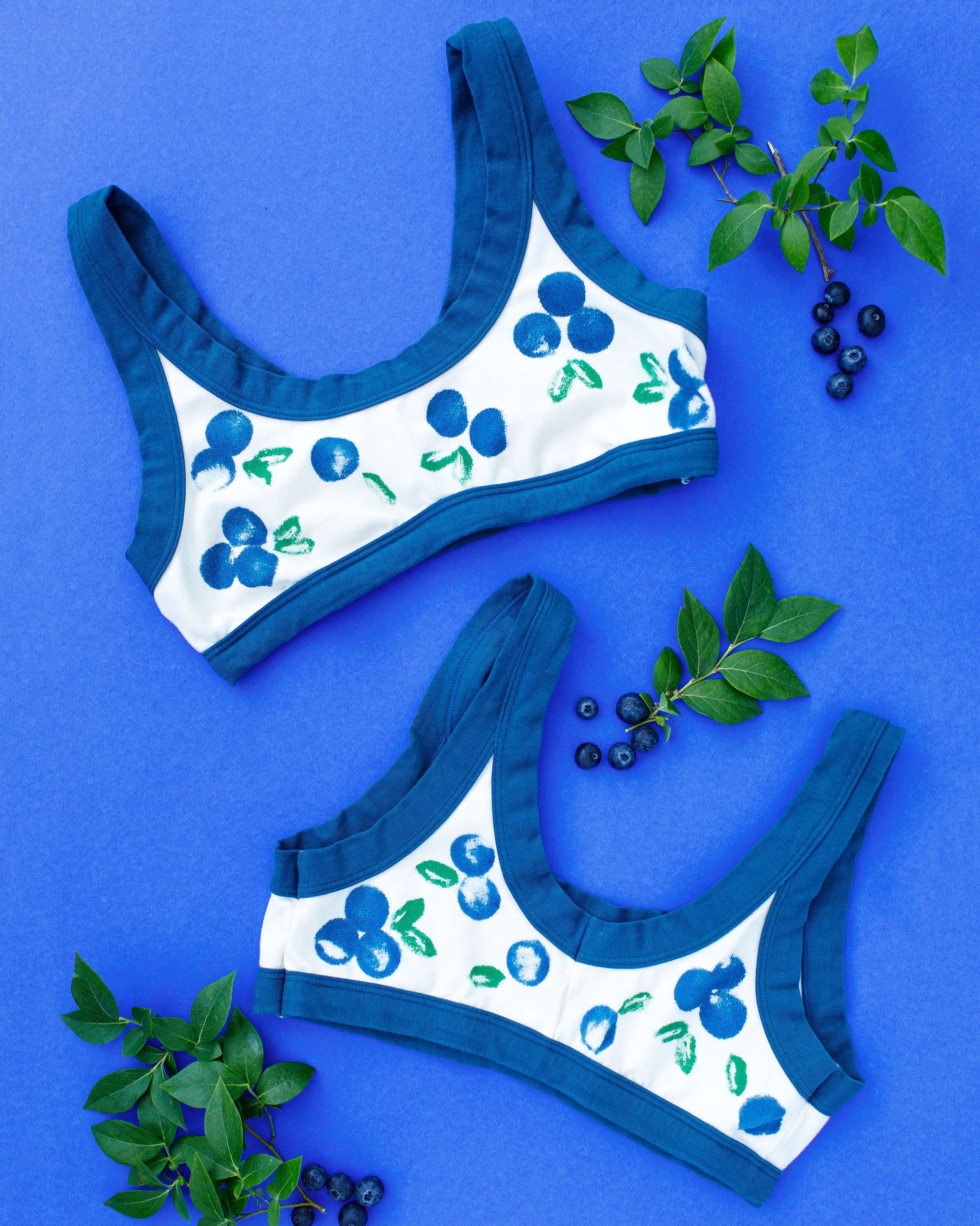 Flat lay of Thunderpants Bralette with a blue and green Blueberry print and blue binding. 