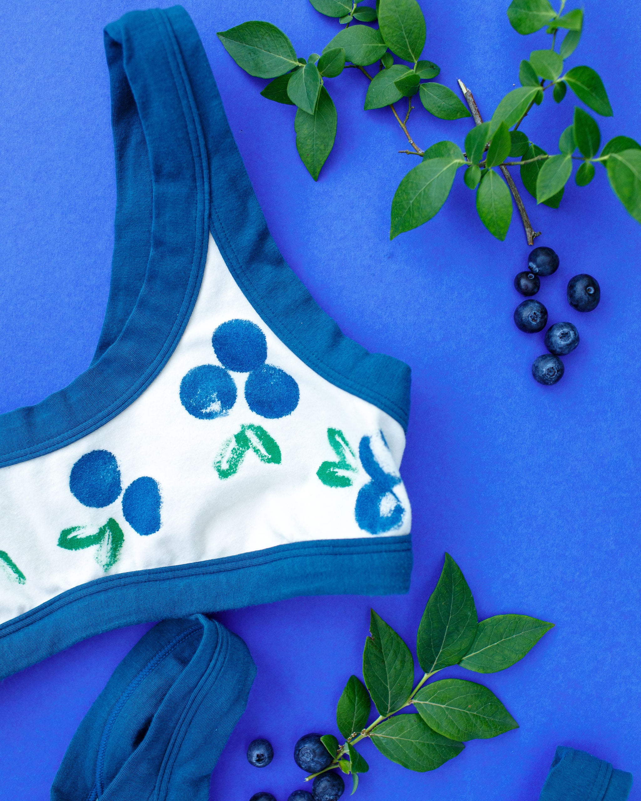 Flat lay of Thunderpants Bralette with a blue and green Blueberry print and blue binding. 