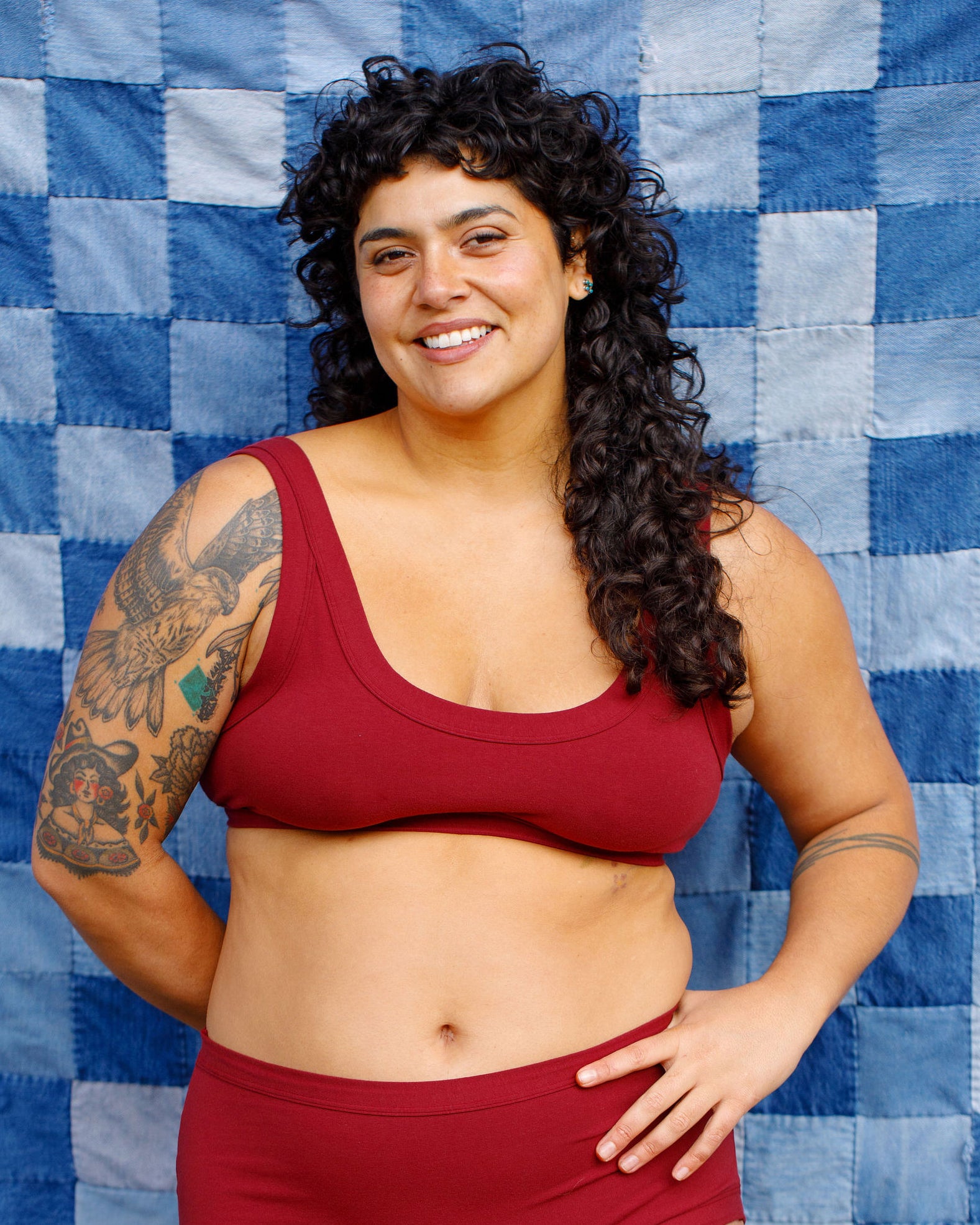 Modeling wearing Thunderpants Bralette and Original style underwear in Cabern-YAY - a deep wine red color.