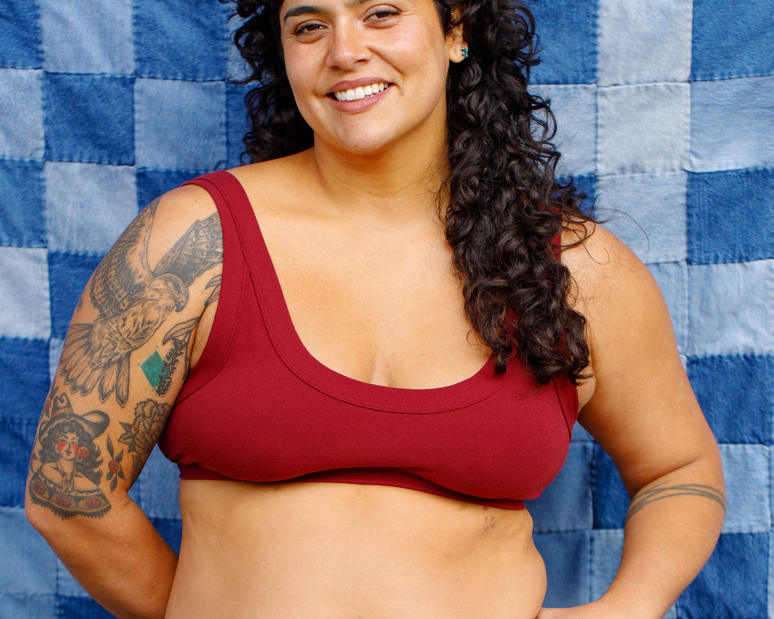 Modeling wearing Thunderpants Bralette and Original style underwear in Cabern-YAY - a deep wine red color.