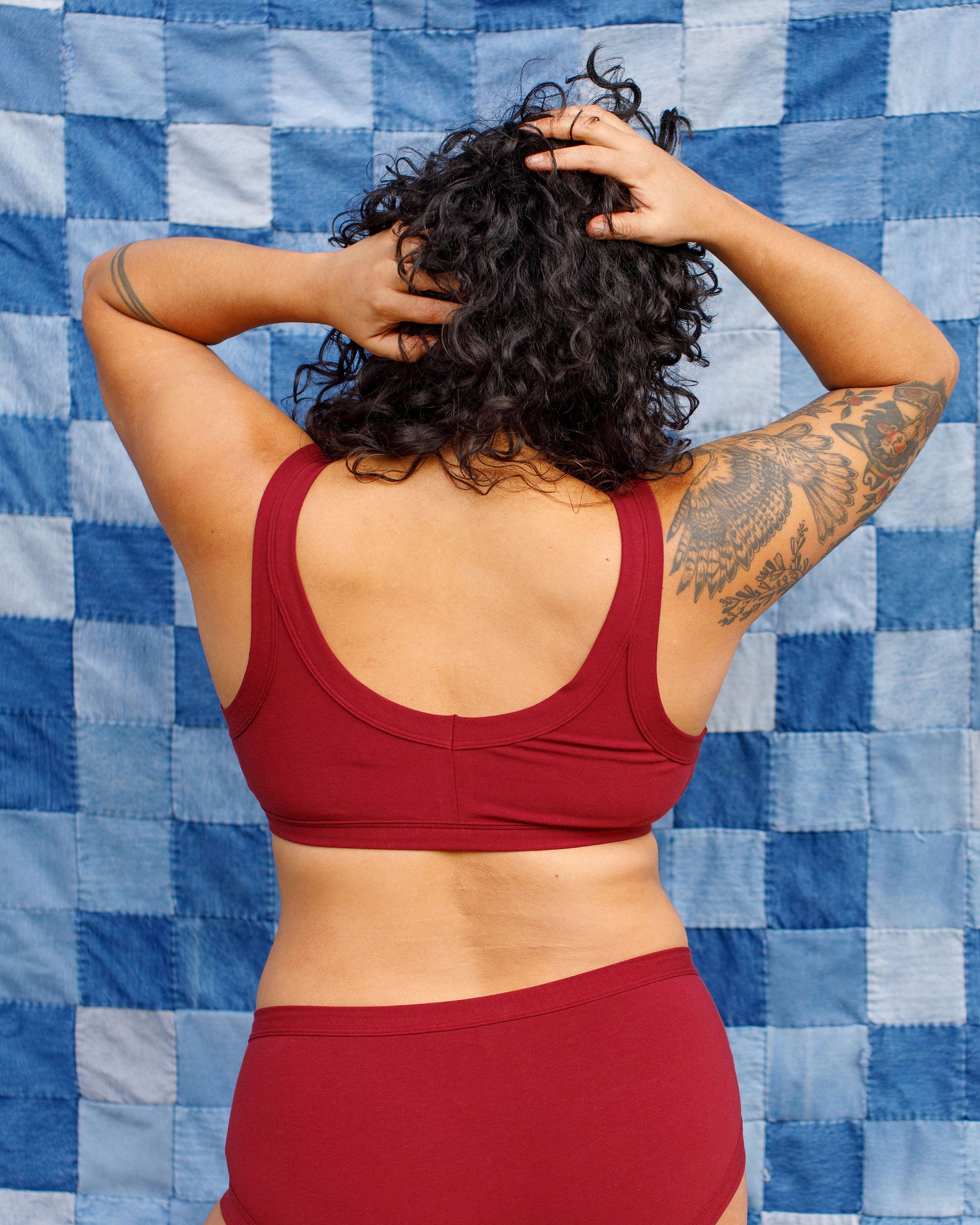 Modeling wearing Thunderpants Bralette and Original style underwear in Cabern-YAY - a deep wine red color.