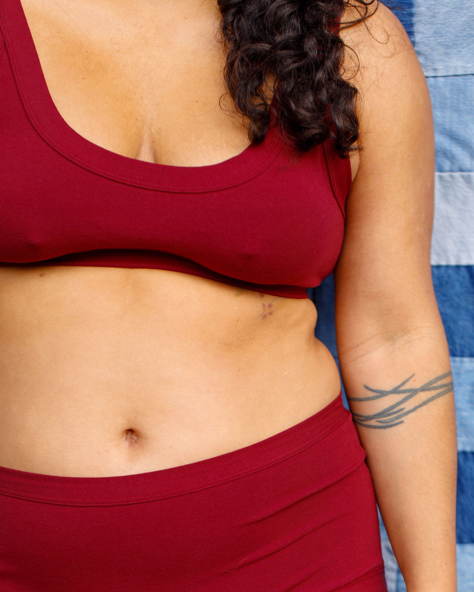 Modeling wearing Thunderpants Bralette and Original style underwear in Cabern-YAY - a deep wine red color.