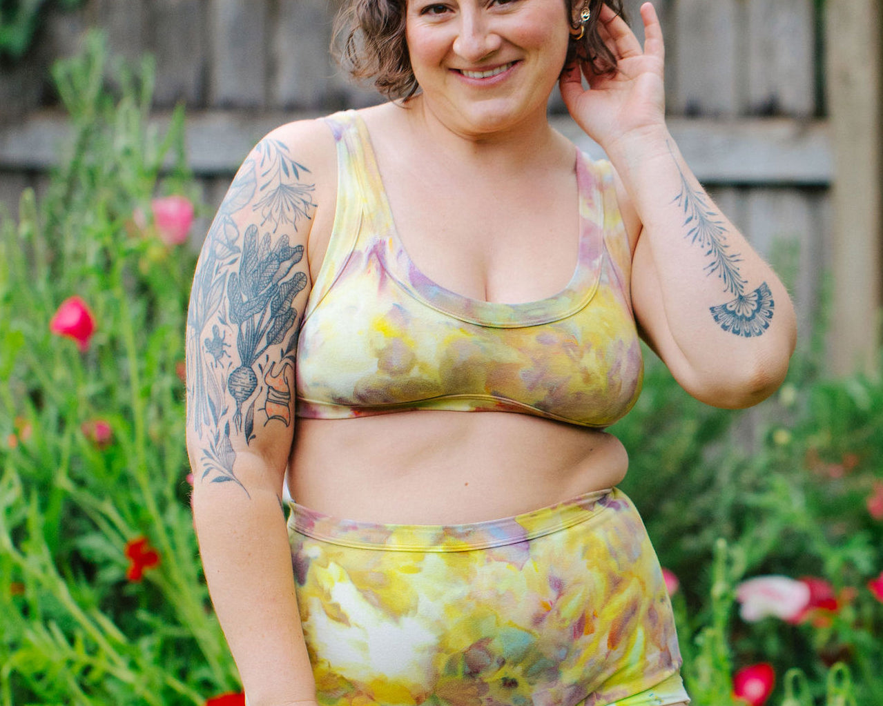 Model wearing Thunderpants Bralette and Sky Rise style underwear in Citrus Blossom Dye - hand dyed yellow, pink, and purple.