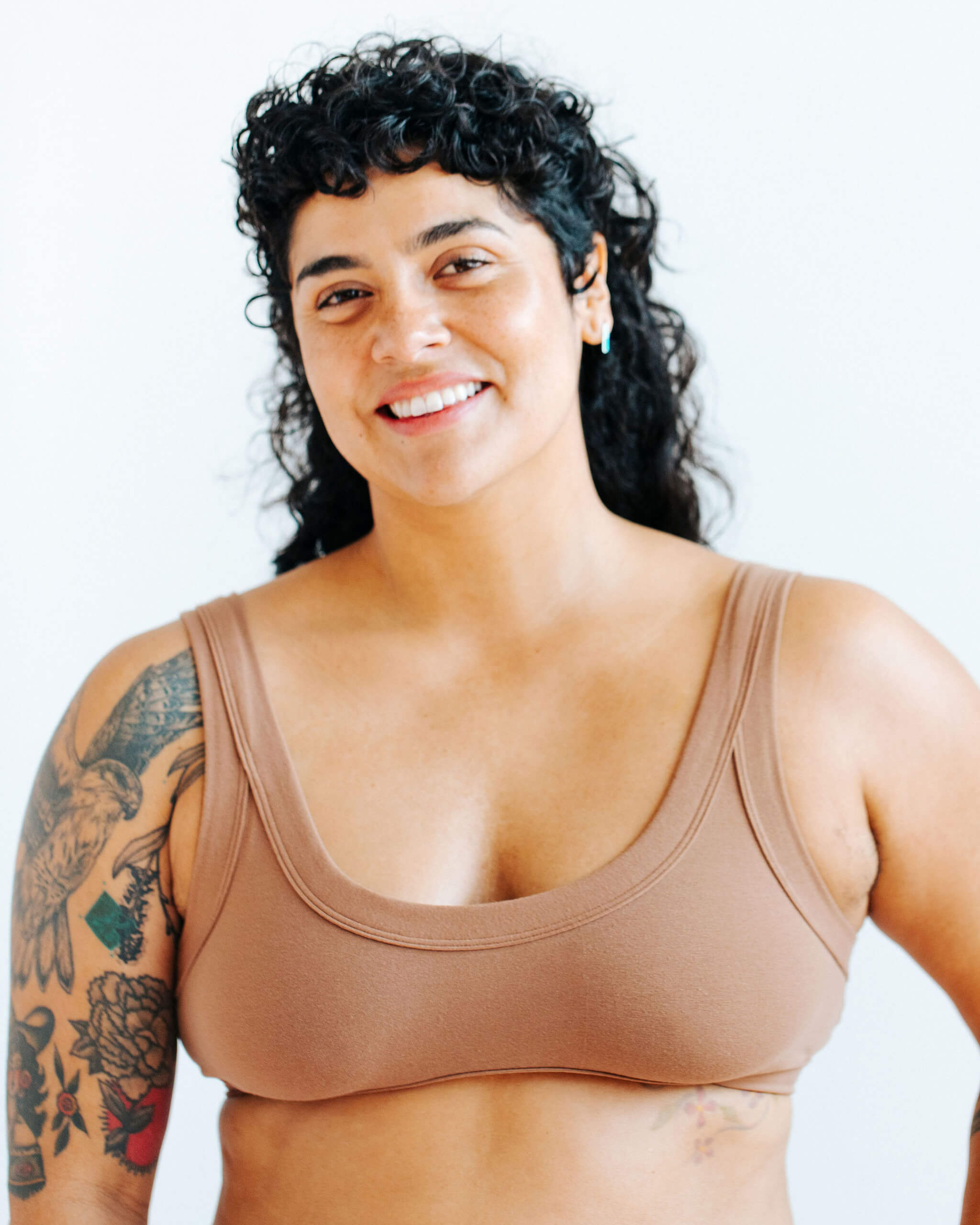 Close up of model wearing Thunderpants Bralette in Hazelnut color.