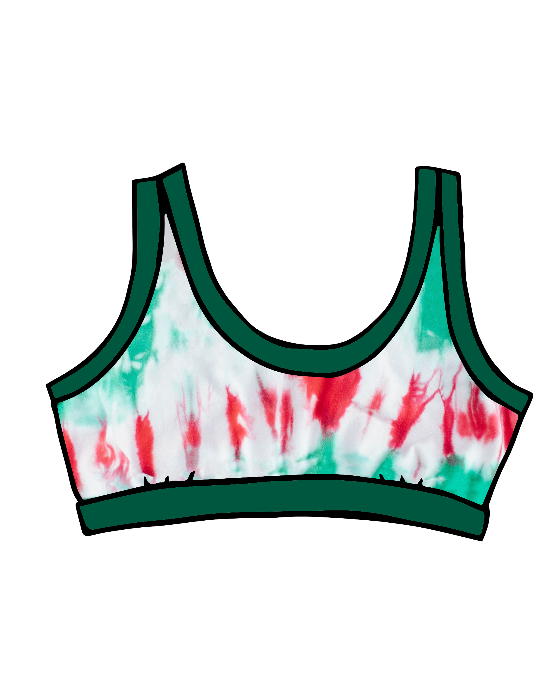 Drawing of Thunderpants Bralette in Holiday Dye - red and green tie dye with green binding. 